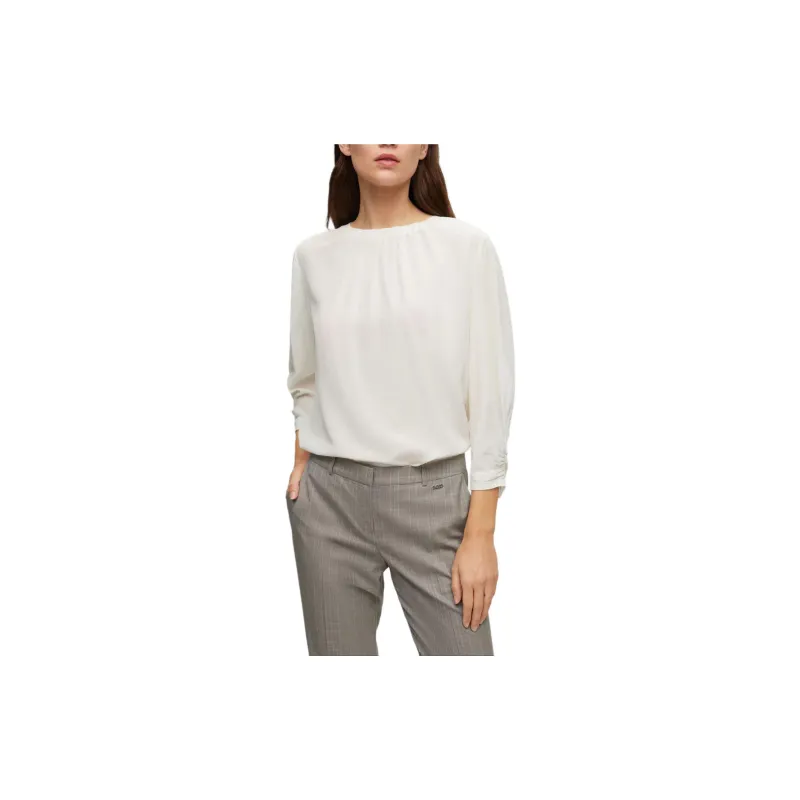 HUGO BOSS Regular-Fit Collarless Blouse In Washed Silk Shirt Women's White-2