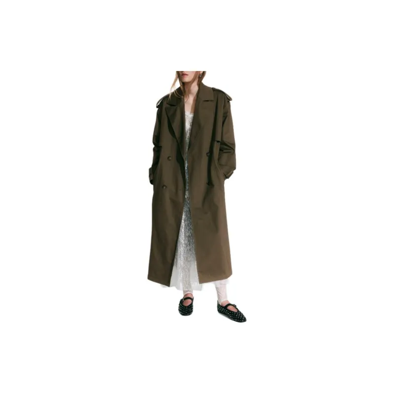 H&M Trench Coat Women's Dark Khaki Green-1
