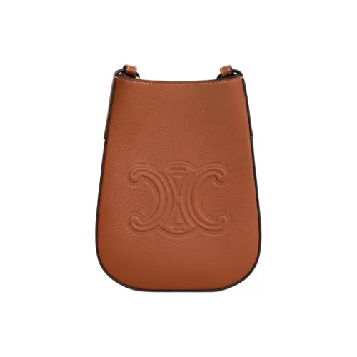 CELINE Cow Leather One Shoulder Crossbody Cell Phone Pouch Women's Tawny