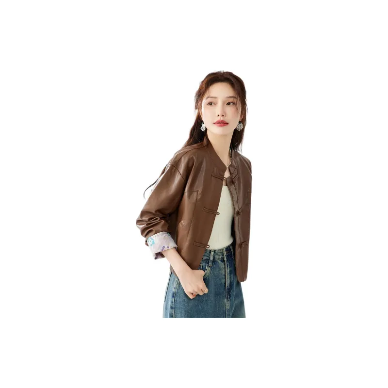 TERRE BLEUE Leather Jacket Women's Coffee-1