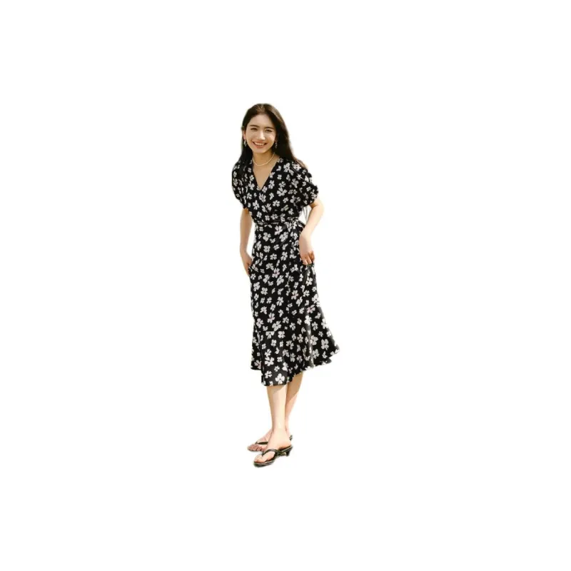 Hopeshow Short-Sleeved Dresses Women's Black Background With Flowers-5