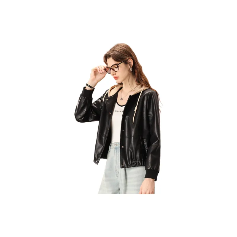 FENHONGMALI Leather Jacket Women's Black-2