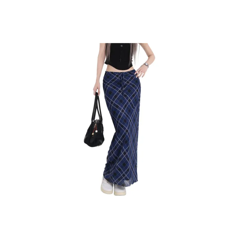ZAVK Casual Long Skirts Women's Dark Blue Plaid-2