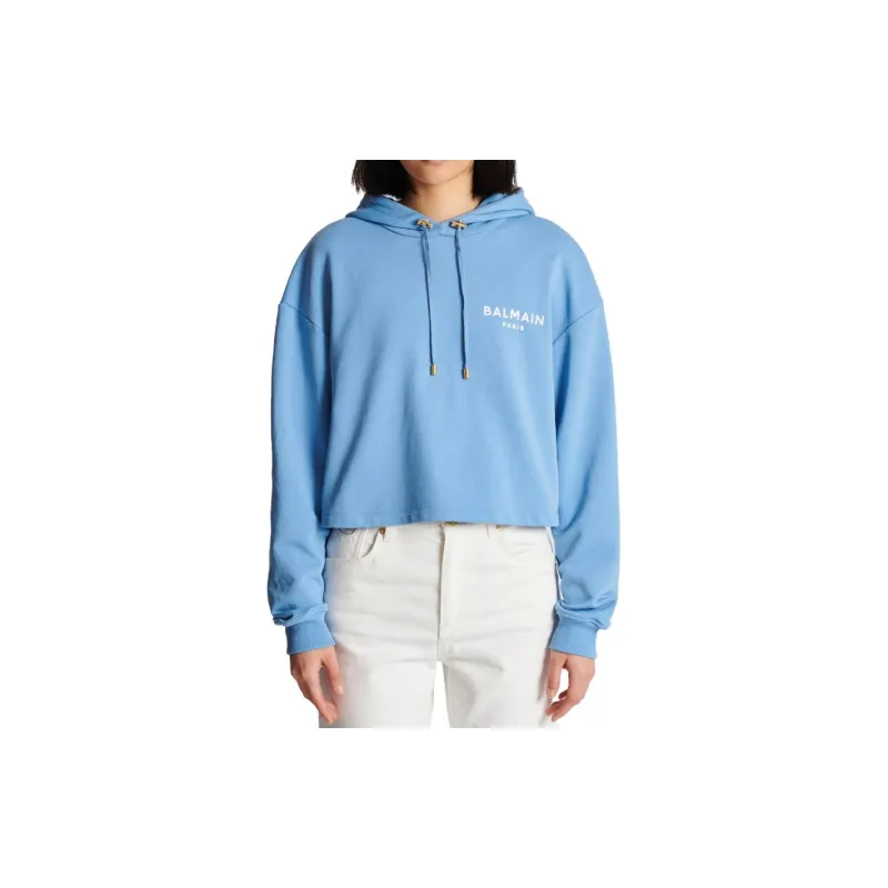 BALMAIN Flock Detail Cropped Hoodie 'Pale Blue/Natural'-4