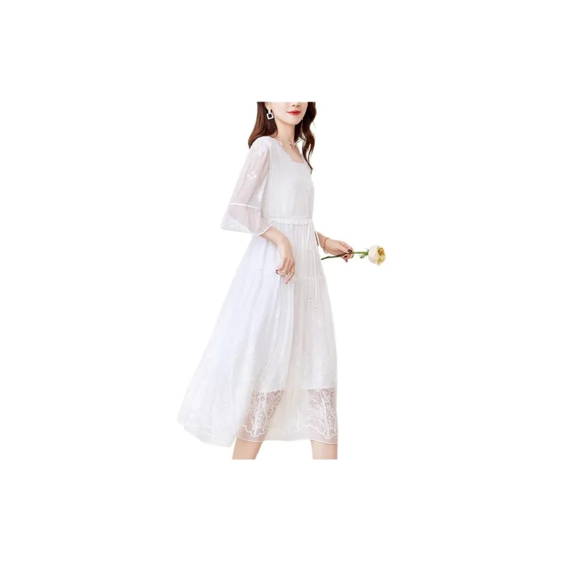 Yi Mengyuan Lace Up Silk Long Sleeved Dress Women's White-3