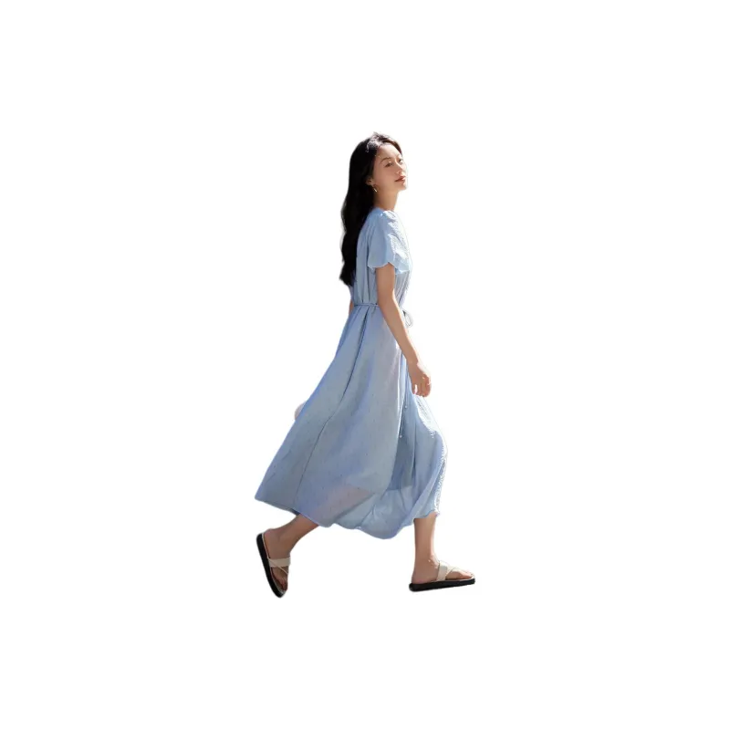 Mo Han Yi Mei Short Sleeved Dresses Women's Aqua Blue-3
