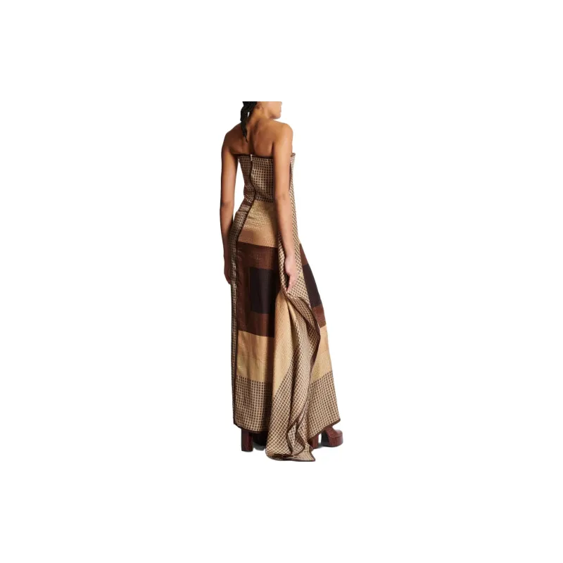 BALMAIN Monogram print Strapless Silk Maxi Dress-2