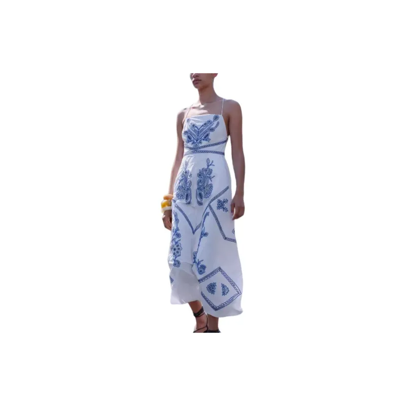 ZARA ZW Series Slip Dresses Women's White/Blue-4