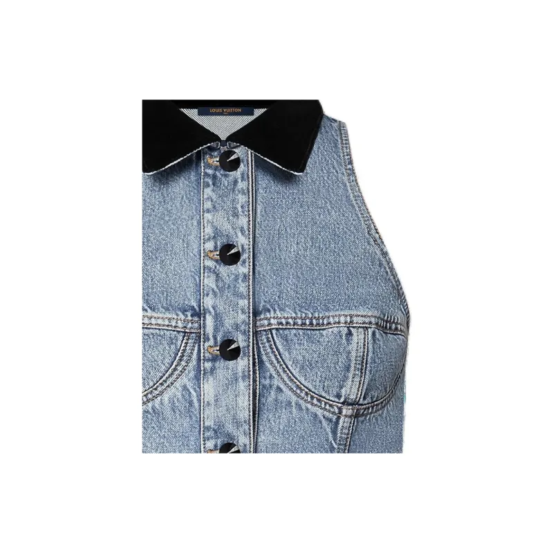 LOUIS VUITTON Sleeveless VeLOUIS VUITTONet Accent Denim Jacket-3