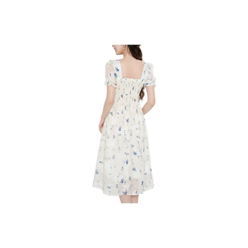 Emodues Short Sleeved Dress Women's Apricot Blue Floral-3