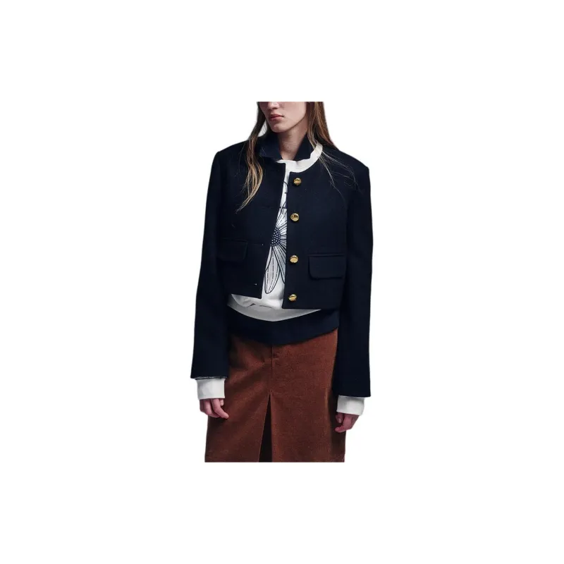 MARDI MERCREDI FW24 WOOL CROPPED JACKET ROUND NECK NAVY Jackets Coats Women's Marine Blue-4