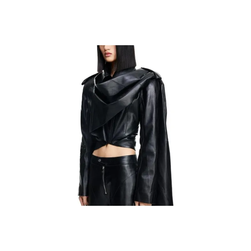 Mugler H&M Leather Jacket With Scarf Black-3