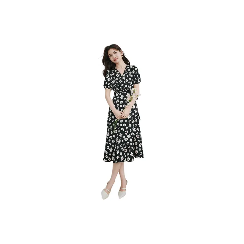 Hopeshow Short-Sleeved Dresses Women's Black Background With Flowers-1