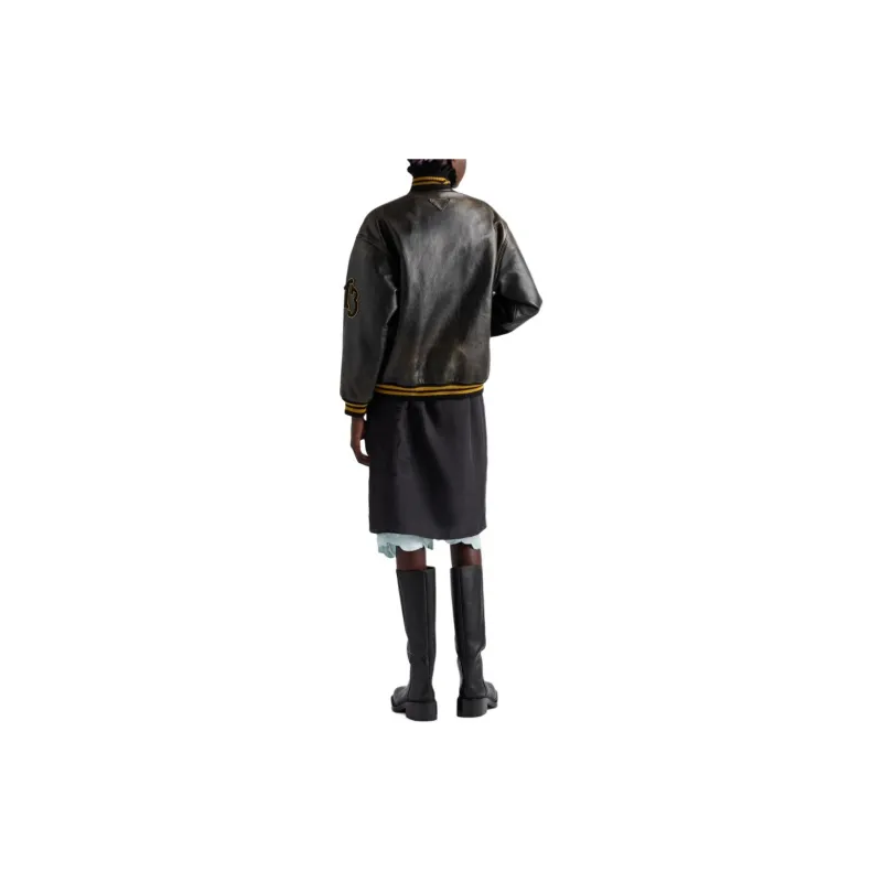 PRADA Logo appliqué Leather Bomber Jacket-2