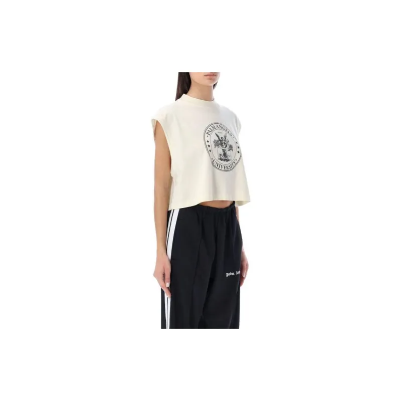 PALM ANGELS College Logo Print Muscle T Shirt Cream White-3