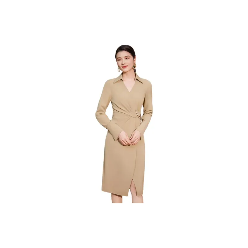 BBLLUUEE Long Sleeved Dress Women's Elegant Camel-3