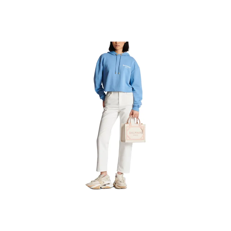 BALMAIN Flock Detail Cropped Hoodie 'Pale Blue/Natural'-1