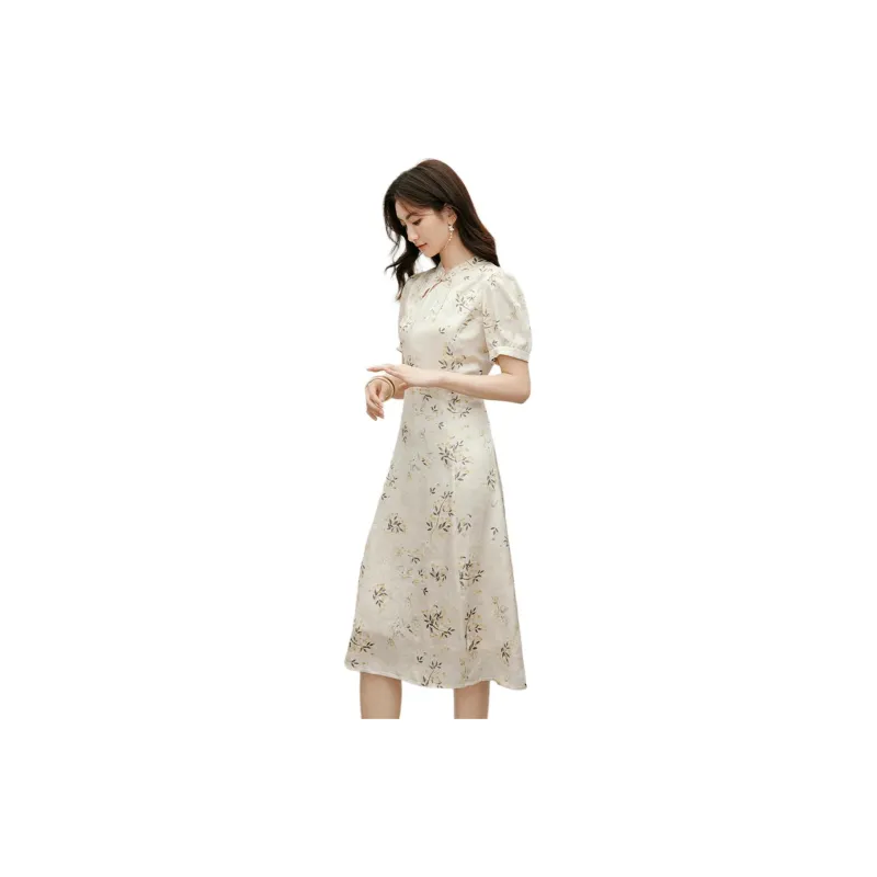 Hopeshow Short-Sleeved Dresses Women's Beige Base With Flowers-2