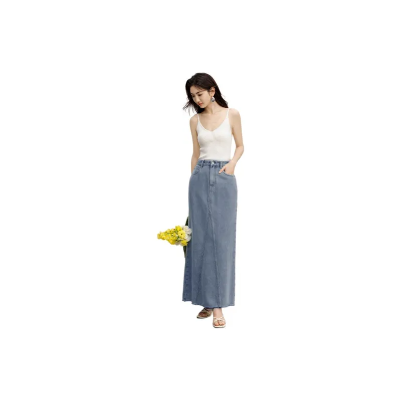 Hopeshow Denim Long Skirts Women's Denim Blue-1