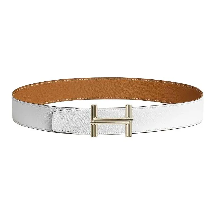 HERMES Metal Calfskin Brass Leather Belts Men's Brown/White Width: 3.8CM-1