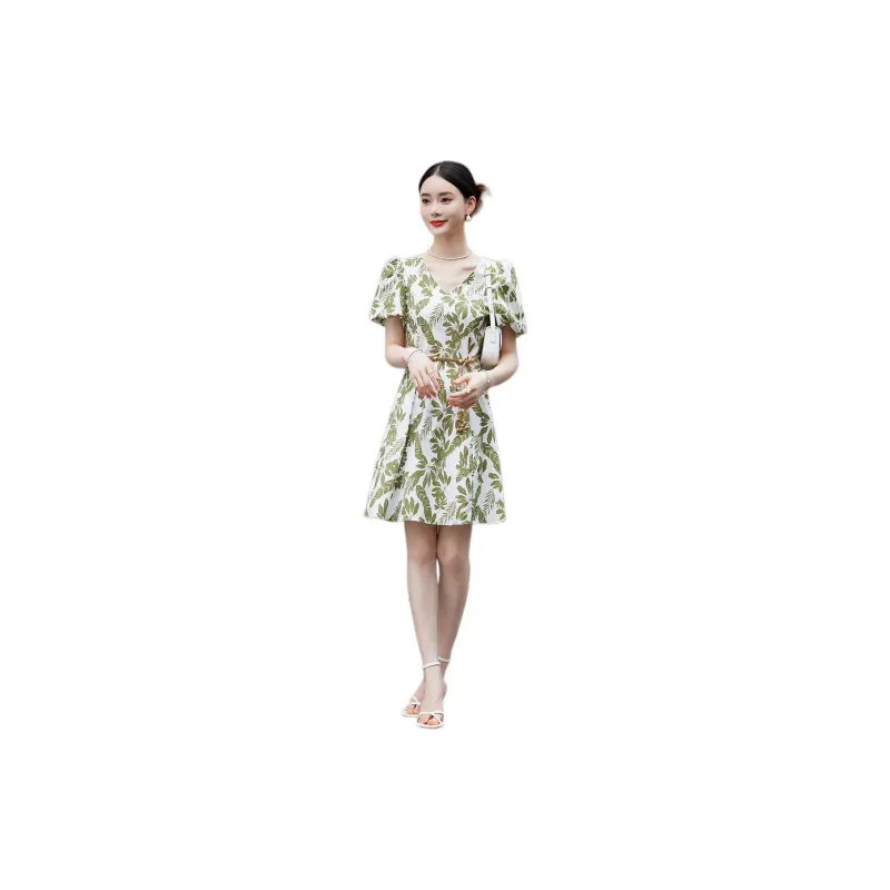 Hang Yi Court Short Sleeved Dress Women's Beige With Green Print-1