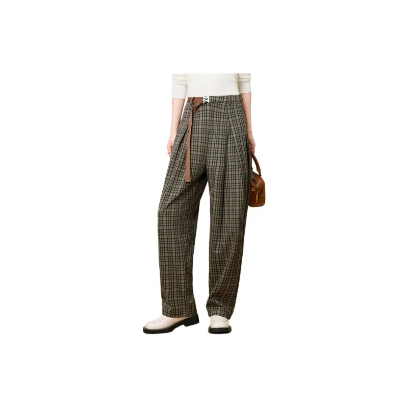 FENHONGMALI Casual Pants Women's Coffee Plaid-1