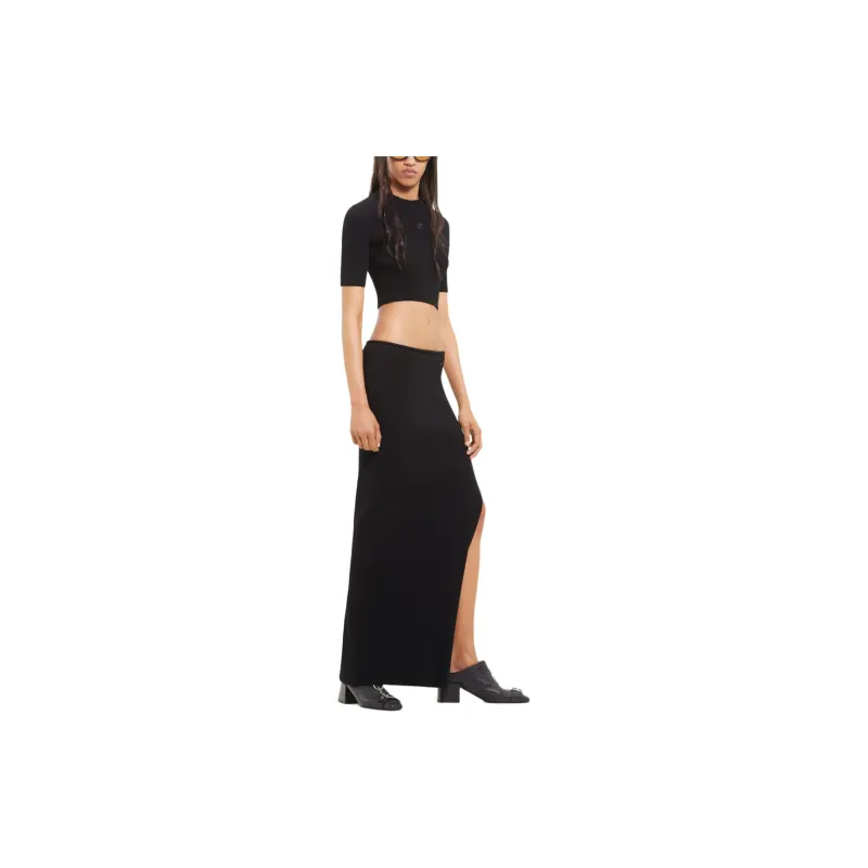 COURREGES Mock Neck Rib Knit Cropped Top 'Black'-3