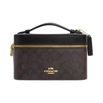 COACH Signature Coated Canvas Makeup Bag Handbag Trumpets Women's Walnut Wood & Black