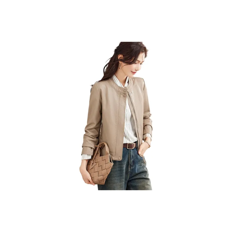 TERRE BLEUE Leather Jacket Women's Light Coffee-1