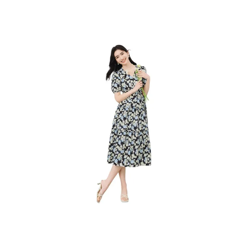 Hopeshow Short Sleeved Dress Women's Blue Floral-1