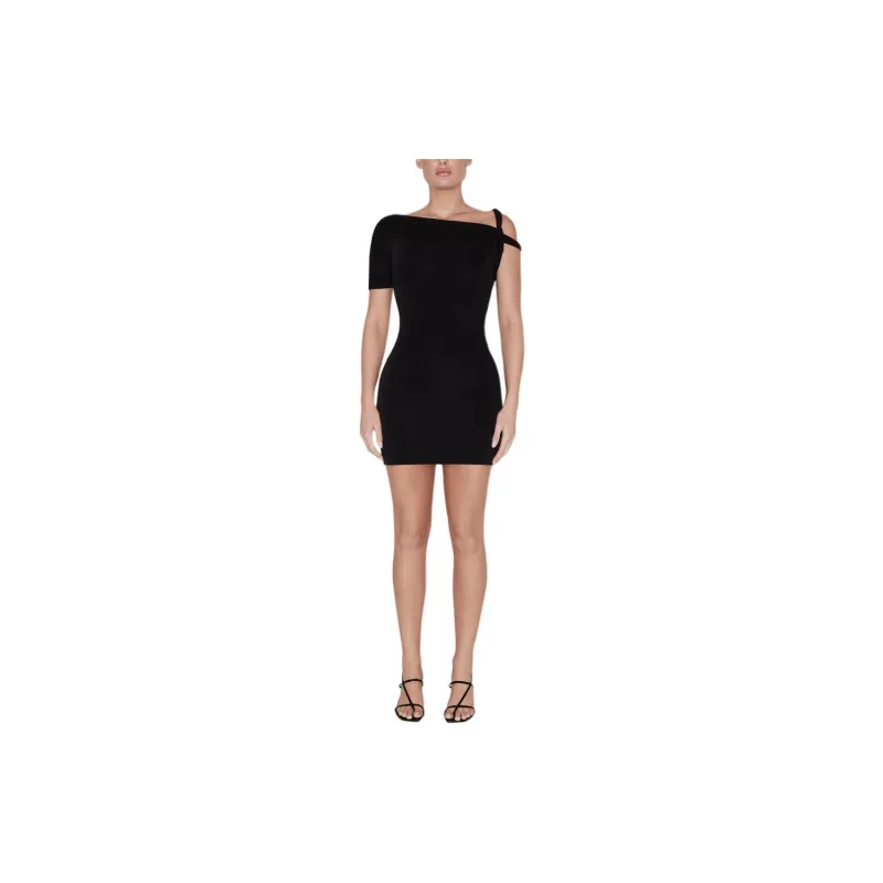 Khy DROP 004 Sueded Stretch Twist Mini Dress Short-Sleeved Dresses Women's Black-1