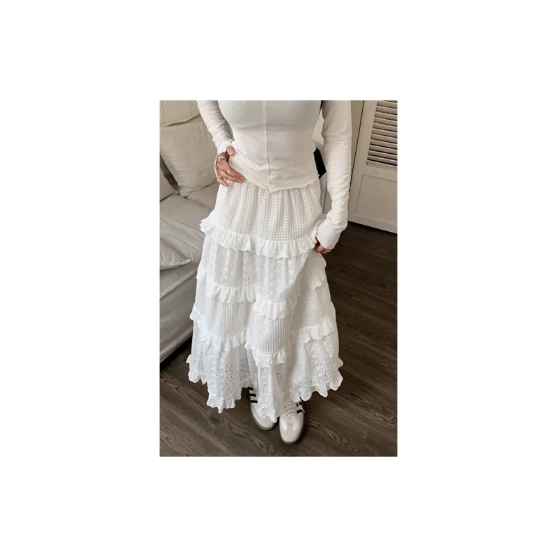 FLIM Casual Long Skirts Women's White Embroidery Lace-8