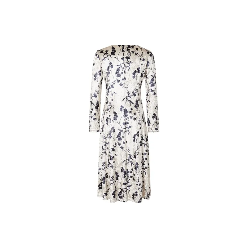 Hopeshow Long Sleeved Dress Women's Beige With Black Floral-1