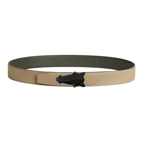 HERMES Calfskin Leather Belts Unisex Gray Green/Light Yellow Width 3.2cm