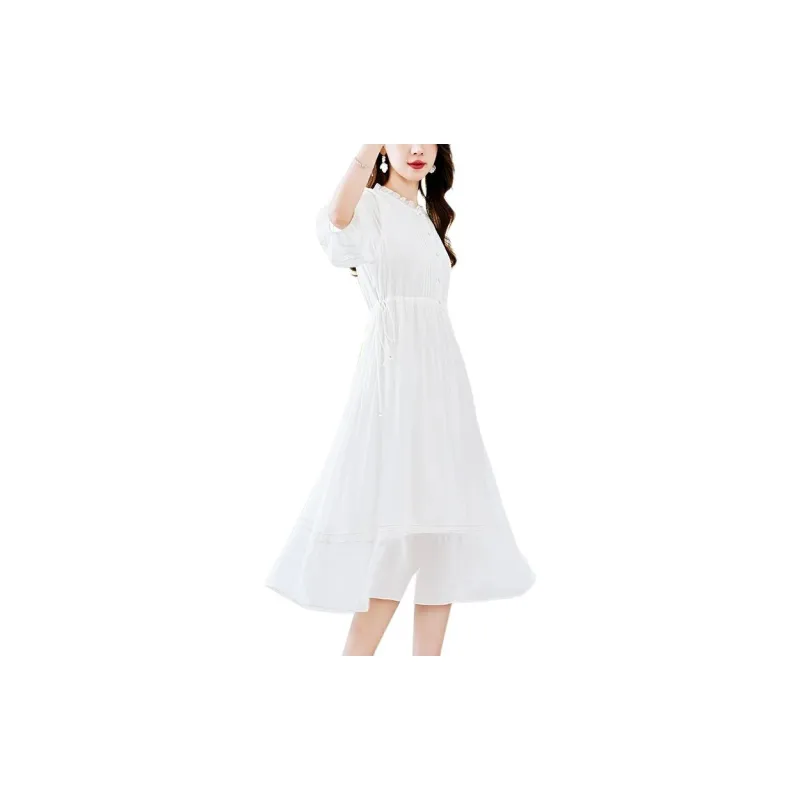 Yi Mengyuan Silk Long Sleeved Dress Women's White-4