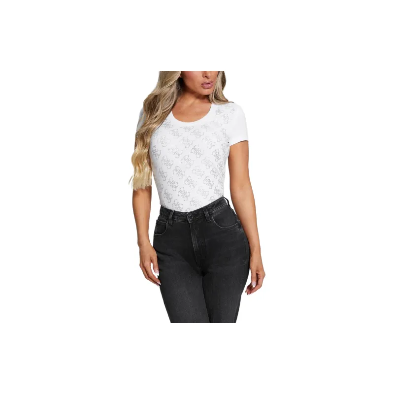 GUESS Rhinestones 4g Logo Stretch T-Shirt T-Shirt Women's White-2