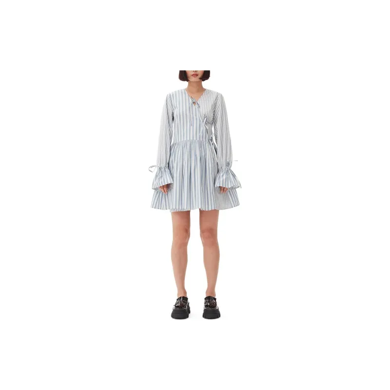 GANNI Stripe print Cotton Mini Wrap Dress-1