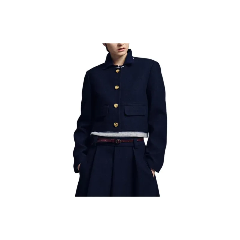 MARDI MERCREDI FW24 WOOL CROPPED JACKET ROUND NECK NAVY Jackets Coats Women's Marine Blue-1
