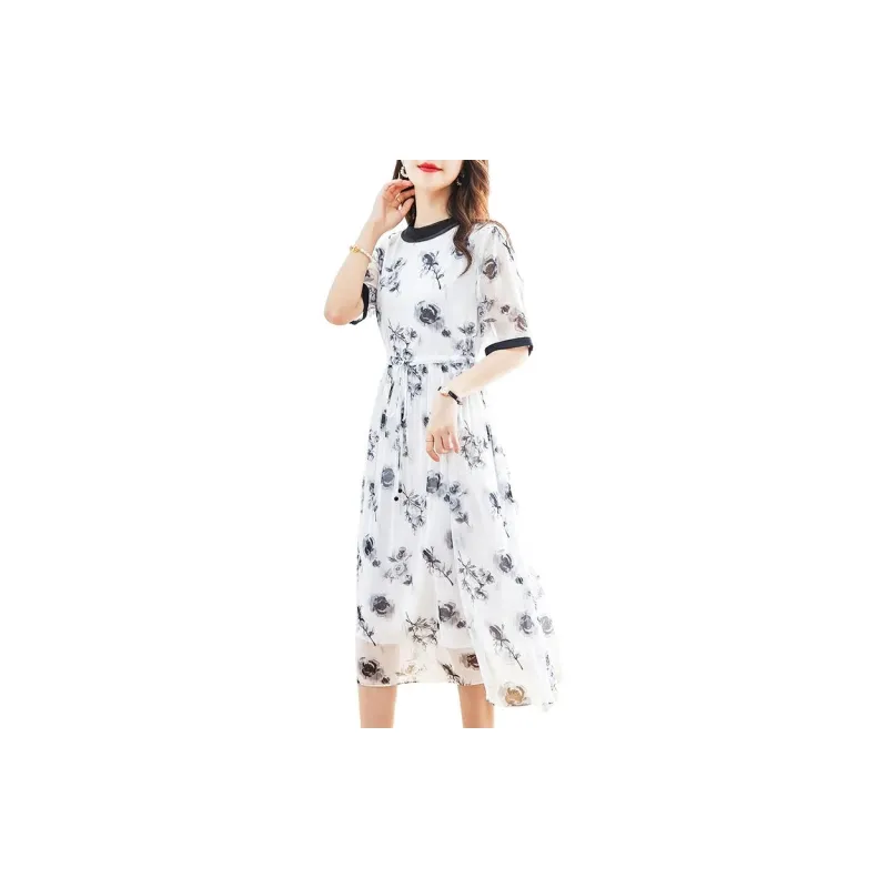 Yi Mengyuan Lace Up Silk Short Sleeved Dress Women's Multicolor-4