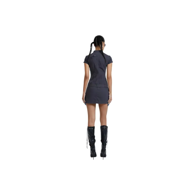 Jaded London Vintage Grey Cargo Mini Dress With Belt Detail Short-Sleeved Dresses Women's GREY/Gray-1