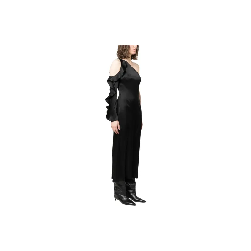 DAVID KOMA Asymmetric Ruffle trim Satin Dress-3