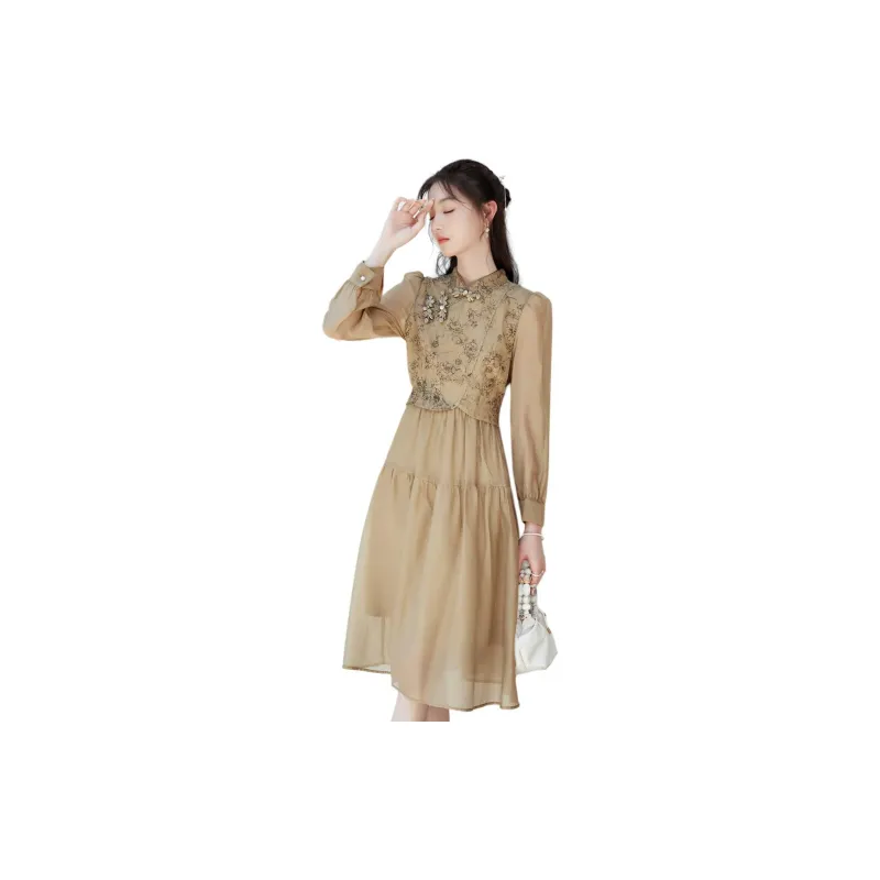 Like The Age Of Water Long Sleeved Dresses Women's Khaki-1
