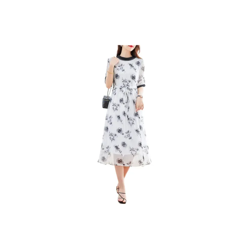 Yi Mengyuan Lace Up Silk Short Sleeved Dress Women's Multicolor-1