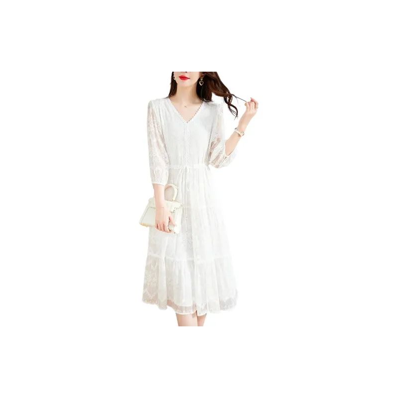Yi Mengyuan Silk Long Sleeved Dress Women's White-2