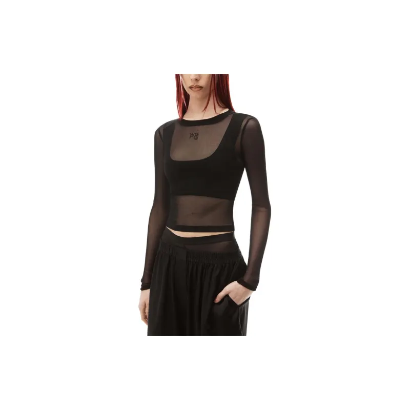 Alexander Wang Long Sleeve Top In Gauzy Mesh Black-2