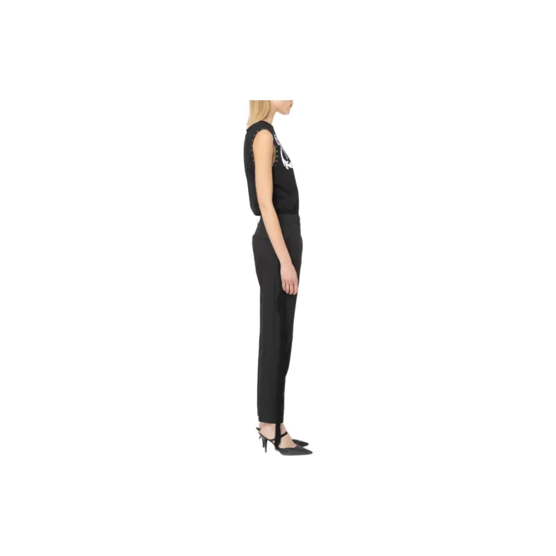PINKO Embroidered Crew Neck Cinched Waist Sleeveless T Shirt Women's Black-4