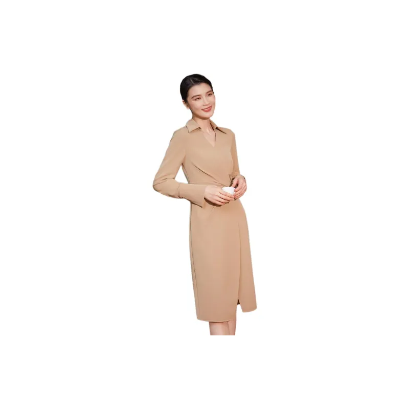 BBLLUUEE Long Sleeved Dress Women's Elegant Camel-1