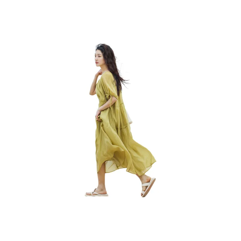 【dme】 SS24 Short Sleeved Dresses Women's Yellow Green-1