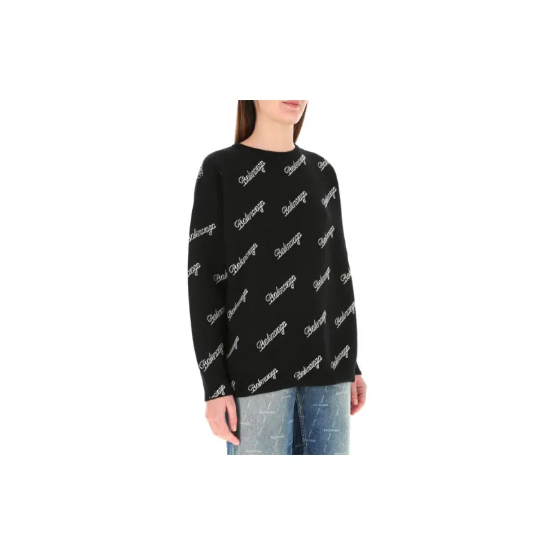 Balenciaga Script Logo Crewneck 'Black/White'-3