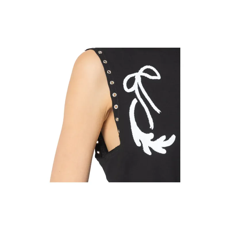 PINKO Embroidered Crew Neck Cinched Waist Sleeveless T Shirt Women's Black-6